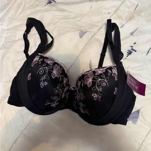 Adore Me Black Bra with Pink Floral Embroidery